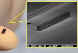 An accelerator chip is shown on the tip of a finger along with an electron microscope image of the chip.