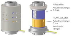 FIGURE 6. Shown is a hybrid combination of a traditional piezo-stack actuator for highly dynamic motion (bottom, orange) and a programmable shim (top, blue). FIGURE 6. Shown is a hybrid combination of a traditional piezo-stack actuator for highly dynamic motion (bottom, orange) and a programmable shim (top, blue).