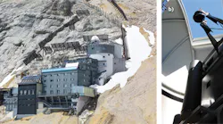 The Schneefernerhaus research station, near the top of Mount Zugspitze in Germany, is used to conduct climate research (a). The station’s 1.5 m Newtonian telescope and differential absorption lidar (DIAL) system has been upgraded with a modified 350 W 308 nm xenon chloride (XeCl) excimer laser. The telescope (b) collects all the backscattered radiation, including all Raman components, into the six-channel detection system. The secondary mirror (seen with the sky in background) is mounted about 4.3 m above the primary mirror.