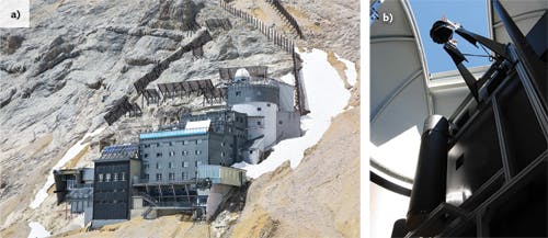 The Schneefernerhaus research station, near the top of Mount Zugspitze in Germany, is used to conduct climate research (a). The station&rsquo;s 1.5 m Newtonian telescope and differential absorption lidar (DIAL) system has been upgraded with a modified 350 W 308 nm xenon chloride (XeCl) excimer laser. The telescope (b) collects all the backscattered radiation, including all Raman components, into the six-channel detection system. The secondary mirror (seen with the sky in background) is mounted about 4.3 m above the primary mirror.