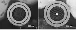 FIGURE 4. A cross-section view of the double-clad hollow core fiber that enables efficient delivery of femtosecond pulses and retrieval of nonlinear signals (a) is shown; the same fiber incorporating a 30 µm silica bead at its distal tip (b) is also shown. FIGURE 4. A cross-section view of the double-clad hollow core fiber that enables efficient delivery of femtosecond pulses and retrieval of nonlinear signals (a) is shown; the same fiber incorporating a 30 µm silica bead at its distal tip (b) is also shown.