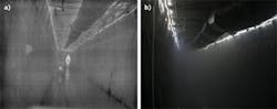 FIGURE 3. Images of a fog chamber acquired with a FLIR Boson 640 &times; 512 thermal camera (a) and a Sony IMX226 visible camera (b) are shown.