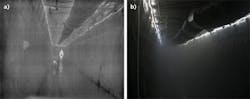 FIGURE 3. Images of a fog chamber acquired with a FLIR Boson 640 × 512 thermal camera (a) and a Sony IMX226 visible camera (b) are shown. FIGURE 3. Images of a fog chamber acquired with a FLIR Boson 640 × 512 thermal camera (a) and a Sony IMX226 visible camera (b) are shown.