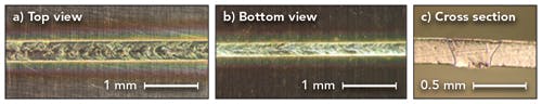 FIGURE 2. Spatter-free copper welds made with green lasers exhibit very high quality and smooth weld surfaces.