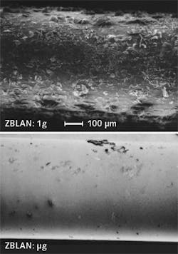 FIGURE 4. Images show ZBLAN optical fiber processed in 1g (Earth’s gravity) and ZBLAN processed in approximately 0g (microgravity). FIGURE 4. Images show ZBLAN optical fiber processed in 1g (Earth’s gravity) and ZBLAN processed in approximately 0g (microgravity).