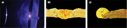 FIGURE 2. One of the papers recommended in the LASE Symposium is “1000 W blue fiber-coupled diode-laser emitting at 450 nm” to be presented by Anne Balck at Laserline (Germany). This blue laser is powerful enough to weld copper (a), as evidenced by the cross-section of a butt-welded joint (b) and an edge-welded configuration (c) for 34 stacked copper foils (each 11 µm thick). FIGURE 2. One of the papers recommended in the LASE Symposium is “1000 W blue fiber-coupled diode-laser emitting at 450 nm” to be presented by Anne Balck at Laserline (Germany). This blue laser is powerful enough to weld copper (a), as evidenced by the cross-section of a butt-welded joint (b) and an edge-welded configuration (c) for 34 stacked copper foils (each 11 µm thick).