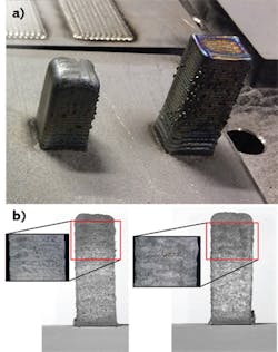 FIGURE 2. Two LMD cuboids fabricated without CLAMIR control (a), resulting in an unwanted process halt; and with CLAMIR control, the process completed, creating crack-free parts (b).