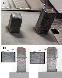 FIGURE 2. Two LMD cuboids fabricated without CLAMIR control (a), resulting in an unwanted process halt; and with CLAMIR control, the process completed, creating crack-free parts (b). FIGURE 2. Two LMD cuboids fabricated without CLAMIR control (a), resulting in an unwanted process halt; and with CLAMIR control, the process completed, creating crack-free parts (b).