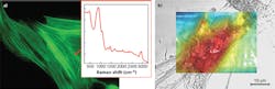 Muntjac skin fibroblast cells labeled with Alexa Fluor 488 phalloidin, Alexa Fluor 555 goat anti-mouse IgG, and TO-PRO-3 stain, imaged with a blue LED light. Raman spectrum was taken with 1064 nm laser excitation using BaySpec's Nomadic Raman microscope (a). Raman mapping of a human cell provides direct biochemical information, with the color image reconstructed using a lipid Raman marker (b). Muntjac skin fibroblast cells labeled with Alexa Fluor 488 phalloidin, Alexa Fluor 555 goat anti-mouse IgG, and TO-PRO-3 stain, imaged with a blue LED light. Raman spectrum was taken with 1064 nm laser excitation using BaySpec's Nomadic Raman microscope (a). Raman mapping of a human cell provides direct biochemical information, with the color image reconstructed using a lipid Raman marker (b).