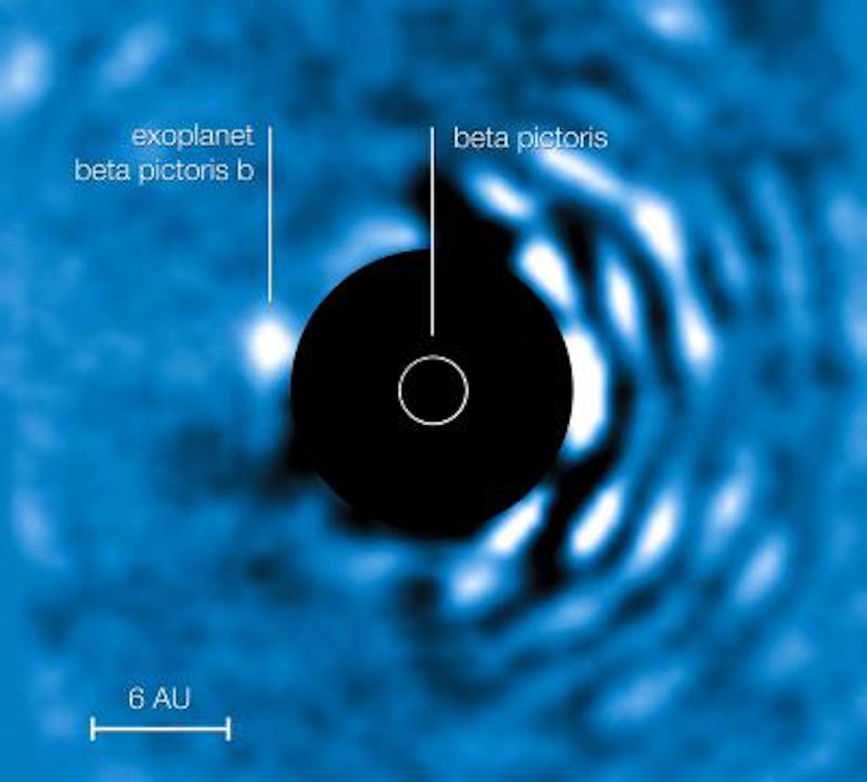 The planet Beta Pictoris b is imaged using the APP coronagraph. The &apos;bad&apos; (bright) side of the image is visible to the right while the central star Beta Pictoris has been masked out to reveal the planet to the left of the star.