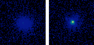 A test star is imaged with the MOAO correction system switched off (left) and then with it on (right).