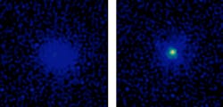 A test star is imaged with the MOAO correction system switched off (left) and then with it on (right). A test star is imaged with the MOAO correction system switched off (left) and then with it on (right).