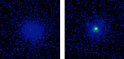 A test star is imaged with the MOAO correction system switched off (left) and then with it on (right).