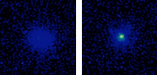 A test star is imaged with the MOAO correction system switched off (left) and then with it on (right).