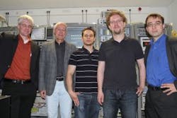 Data at a rate of 26 Tbit/s was transmitted over 50 km of fiber using a single laser. The group developing the technique, led by J&uuml;rg Leuthold (who is at right), includes, from right to left, David Hillerku&szlig;, Ren&eacute; Schmogrow, and professors Wolfgang Freude and Christian Koos.