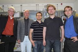 Data at a rate of 26 Tbit/s was transmitted over 50 km of fiber using a single laser. The group developing the technique, led by Jürg Leuthold (who is at right), includes, from right to left, David Hillerkuß, René Schmogrow, and professors Wolfgang Freude and Christian Koos. Data at a rate of 26 Tbit/s was transmitted over 50 km of fiber using a single laser. The group developing the technique, led by Jürg Leuthold (who is at right), includes, from right to left, David Hillerkuß, René Schmogrow, and professors Wolfgang Freude and Christian Koos.