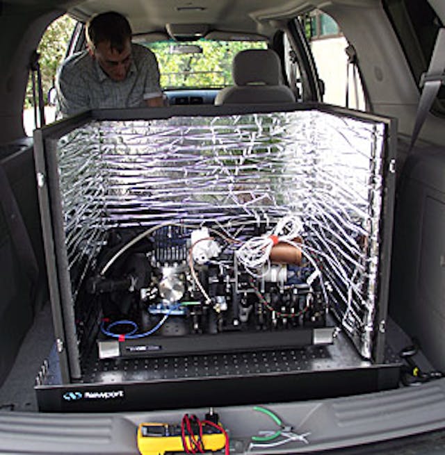 NIST researcher David Leibrandt tests the stability of a stabilized laser in a minivan. The laser and related instruments are inside the box. The stainless steel cylinder at the lower left contains the optical cavity used to stabilize the laser, which is hidden behind the cylinder.