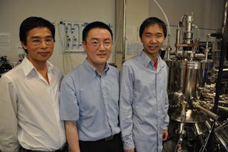 Researchers at the University of California, Riverside are part of the team who created an electrically pumped zinc oxide nanowire-waveguide laser. From left to right are Guoping Wang, a graduate student; Jianlin Liu, a professor of electrical engineering; and Sheng Chu, a graduate student.