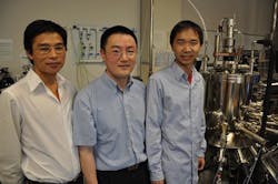 Researchers at the University of California, Riverside are part of the team who created an electrically pumped zinc oxide nanowire-waveguide laser. From left to right are Guoping Wang, a graduate student; Jianlin Liu, a professor of electrical engineering; and Sheng Chu, a graduate student. Researchers at the University of California, Riverside are part of the team who created an electrically pumped zinc oxide nanowire-waveguide laser. From left to right are Guoping Wang, a graduate student; Jianlin Liu, a professor of electrical engineering; and Sheng Chu, a graduate student.