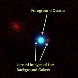 This image of the first-ever foreground quasar (blue) lensing a background galaxy (red) was taken with the Keck II telescope using sodium laser guide-star adaptive optics.