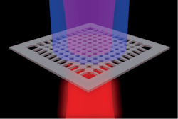 Schematic of the BIC laser: pumped by a high frequency laser beam (blue), a nanoresonator-filled membrane produces a laser beam at telecommunications frequency (red).