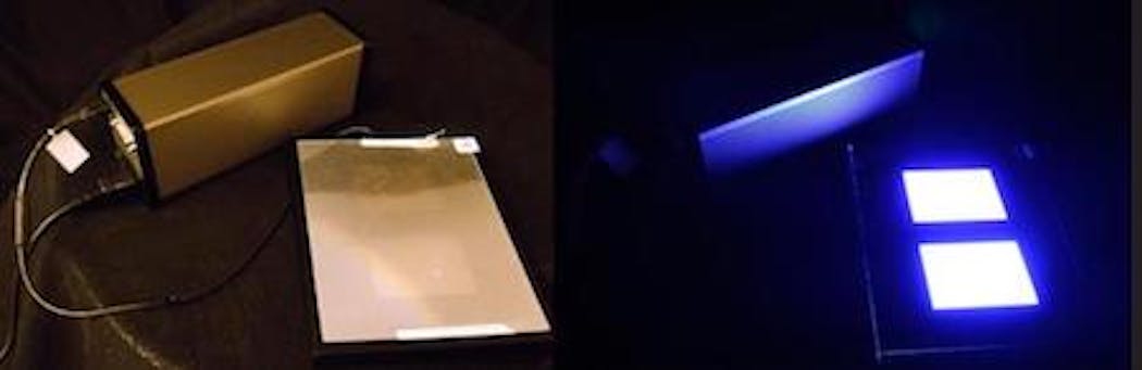 A 50 W LED power supply drives Quantum Materials&apos; heavy-metal-free QD display thin film on top of a frame (right); a QD display film from a major manufacturer is on the bottom of a frame (left). Both are being used with a polarizing filter.