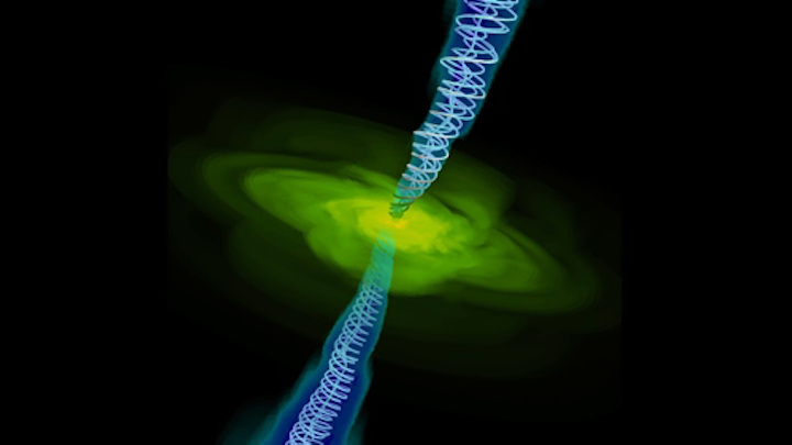 In an artist's depiction of a black hole with two opposing jets, the black hole is surrounded by a cloud of infalling gas (green), while the jets are defined by spiraling magnetic field lines (blue). (Image credit: Alexander Tchekhovskoy/Lawrence Berkeley National Laboratory)