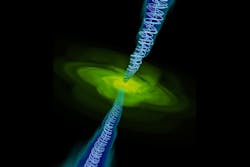 In an artist's depiction of a black hole with two opposing jets, the black hole is surrounded by a cloud of infalling gas (green), while the jets are defined by spiraling magnetic field lines (blue). In an artist's depiction of a black hole with two opposing jets, the black hole is surrounded by a cloud of infalling gas (green), while the jets are defined by spiraling magnetic field lines (blue).