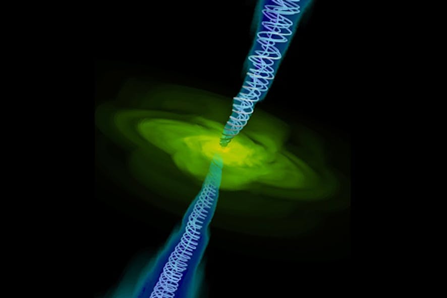In an artist&apos;s depiction of a black hole with two opposing jets, the black hole is surrounded by a cloud of infalling gas (green), while the jets are defined by spiraling magnetic field lines (blue).