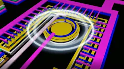 An intrachip optocoupler is shown in this concept drawing. The round structure is the photodetector (single-photon avalanche diode); the light source (avalanche-mode LED) has the shape of a horse shoe.