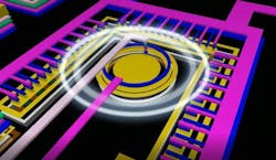 An intrachip optocoupler is shown in this concept drawing. The round structure is the photodetector (single-photon avalanche diode); the light source (avalanche-mode LED) has the shape of a horse shoe. An intrachip optocoupler is shown in this concept drawing. The round structure is the photodetector (single-photon avalanche diode); the light source (avalanche-mode LED) has the shape of a horse shoe.
