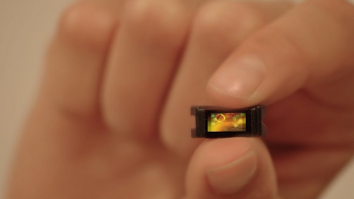 Shown is the tiny, integrated, chip-based 1550 nm lidar vision sensor from a silicon photonics startup. (Image credit: SiLC Technologies)