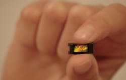 Shown is the tiny, integrated, chip-based 1550 nm lidar vision sensor from a silicon photonics startup. Shown is the tiny, integrated, chip-based 1550 nm lidar vision sensor from a silicon photonics startup.