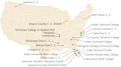 This map shows the colleges that have partnered with LASER-TEC and offer LFO courses. Those designated with the yellow triangle are outside the southeast area.