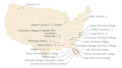 This map shows the colleges that have partnered with LASER-TEC and offer LFO courses. Those designated with the yellow triangle are outside the southeast area.