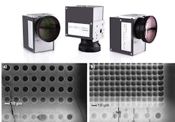 FIGURE 2. An array of holes (a) is generated with a scanner speed of 6 m/s and a repetition rate frep of 285 kHz, resulting in a pulse spacing of 21 μm; the lowest line is a reference pattern with a pulse spacing of 21 μm and a maximum deviation of FIGURE 2. An array of holes (a) is generated with a scanner speed of 6 m/s and a repetition rate frep of 285 kHz, resulting in a pulse spacing of 21 μm; the lowest line is a reference pattern with a pulse spacing of 21 μm and a maximum deviation of
