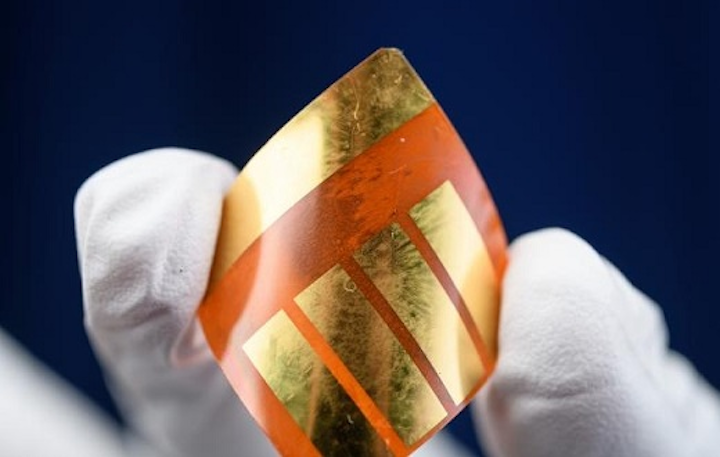 Perovskite-based solar cells are flexible, lightweight, can be produced cheaply, and could someday bring down the cost of solar energy, especially with the help of alkali metals. (Image credit: Rob Felt/Georgia Tech)