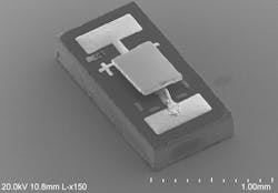 An IR LED about the size of a grain of rice, shown in this scanning electron microscope (SEM) image, was modified by smoothing its surface so that it could be placed in close proximity to a custom-made calorimeter, with a gap of 55 nm between them. The calorimeter&apos;s measurements showed that the LED, when run with electrodes reversed, behaved as if it were at a lower temperature, cooling down the calorimeter.