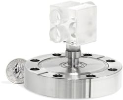 The compact FLOC cavity, only about 2.5 cm long, at the heart of the new portable prototype. This image reveals the two physical channels used for the pressure measurement. When connected to the rest of the FLOC system, one channel is kept in vacuum and the other channel is filled with a gas whose pressure is being measured. The compact FLOC cavity, only about 2.5 cm long, at the heart of the new portable prototype. This image reveals the two physical channels used for the pressure measurement. When connected to the rest of the FLOC system, one channel is kept in vacuum and the other channel is filled with a gas whose pressure is being measured.