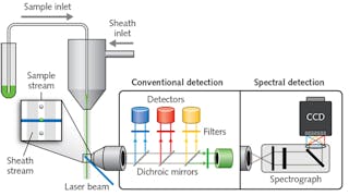 FIGURE 1. Flow cytometry passes a stream of labeled cells in front of laser beams and an objective lens collects light emitted by the cells. In conventional systems, the laser wavelengths are matched to excite the cells&rsquo; labels, and the light collected by the objective passes through dichroic mirrors and filters to PMTs. In spectral systems, light from each of the lasers illuminates all of the labels, and the earliest of these systems featured dispersive optics that distributed fluorescence emission onto linear detector arrays. (Adapted from http://nolanlab.com/spectral-fc.html [4])