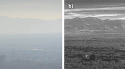 FIGURE 1. Utah’s Salt Lake Valley occasionally experiences an atmospheric phenomenon that traps air pollution for days or weeks at a time. During these atmospheric inversion events, ground-level visibility is severely reduced. These images taken from a video show visible imagery (a) and shortwave-infrared (SWIR) imagery (b) during a period of very low ground-level visibility on December 7, 2017 at approximately 3:30 pm MST (to see the video, visit https://youtu.be/3cBkfQb8vxQ). The SWIR imagery was captured at 60 fps with the Sensors Unlimited GA1280JSX mini-SWIR area camera and a 200 mm SWIR-optimized f/1.6 lens. The visible imagery was captured with a Nikon D5100 DSLR camera in video mode and a 55–200 mm f/4.5-5.6 lens. Both sets of imagery are cropped, but are otherwise unchanged. FIGURE 1. Utah’s Salt Lake Valley occasionally experiences an atmospheric phenomenon that traps air pollution for days or weeks at a time. During these atmospheric inversion events, ground-level visibility is severely reduced. These images taken from a video show visible imagery (a) and shortwave-infrared (SWIR) imagery (b) during a period of very low ground-level visibility on December 7, 2017 at approximately 3:30 pm MST (to see the video, visit https://youtu.be/3cBkfQb8vxQ). The SWIR imagery was captured at 60 fps with the Sensors Unlimited GA1280JSX mini-SWIR area camera and a 200 mm SWIR-optimized f/1.6 lens. The visible imagery was captured with a Nikon D5100 DSLR camera in video mode and a 55–200 mm f/4.5-5.6 lens. Both sets of imagery are cropped, but are otherwise unchanged.