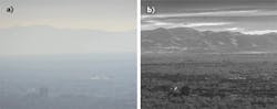 FIGURE 1. Utah’s Salt Lake Valley occasionally experiences an atmospheric phenomenon that traps air pollution for days or weeks at a time. During these atmospheric inversion events, ground-level visibility is severely reduced. These images taken from a video show visible imagery (a) and shortwave-infrared (SWIR) imagery (b) during a period of very low ground-level visibility on December 7, 2017 at approximately 3:30 pm MST (to see the video, visit https://youtu.be/3cBkfQb8vxQ). The SWIR imagery was captured at 60 fps with the Sensors Unlimited GA1280JSX mini-SWIR area camera and a 200 mm SWIR-optimized f/1.6 lens. The visible imagery was captured with a Nikon D5100 DSLR camera in video mode and a 55–200 mm f/4.5-5.6 lens. Both sets of imagery are cropped, but are otherwise unchanged. FIGURE 1. Utah’s Salt Lake Valley occasionally experiences an atmospheric phenomenon that traps air pollution for days or weeks at a time. During these atmospheric inversion events, ground-level visibility is severely reduced. These images taken from a video show visible imagery (a) and shortwave-infrared (SWIR) imagery (b) during a period of very low ground-level visibility on December 7, 2017 at approximately 3:30 pm MST (to see the video, visit https://youtu.be/3cBkfQb8vxQ). The SWIR imagery was captured at 60 fps with the Sensors Unlimited GA1280JSX mini-SWIR area camera and a 200 mm SWIR-optimized f/1.6 lens. The visible imagery was captured with a Nikon D5100 DSLR camera in video mode and a 55–200 mm f/4.5-5.6 lens. Both sets of imagery are cropped, but are otherwise unchanged.