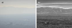 FIGURE 1. Utah&rsquo;s Salt Lake Valley occasionally experiences an atmospheric phenomenon that traps air pollution for days or weeks at a time. During these atmospheric inversion events, ground-level visibility is severely reduced. These images taken from a video show visible imagery (a) and shortwave-infrared (SWIR) imagery (b) during a period of very low ground-level visibility on December 7, 2017 at approximately 3:30 pm MST (to see the video, visit https://youtu.be/3cBkfQb8vxQ). The SWIR imagery was captured at 60 fps with the Sensors Unlimited GA1280JSX mini-SWIR area camera and a 200 mm SWIR-optimized f/1.6 lens. The visible imagery was captured with a Nikon D5100 DSLR camera in video mode and a 55&ndash;200 mm f/4.5-5.6 lens. Both sets of imagery are cropped, but are otherwise unchanged.