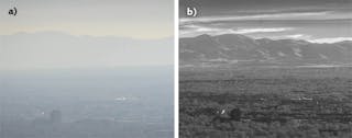 FIGURE 1. Utah&rsquo;s Salt Lake Valley occasionally experiences an atmospheric phenomenon that traps air pollution for days or weeks at a time. During these atmospheric inversion events, ground-level visibility is severely reduced. These images taken from a video show visible imagery (a) and shortwave-infrared (SWIR) imagery (b) during a period of very low ground-level visibility on December 7, 2017 at approximately 3:30 pm MST (to see the video, visit https://youtu.be/3cBkfQb8vxQ). The SWIR imagery was captured at 60 fps with the Sensors Unlimited GA1280JSX mini-SWIR area camera and a 200 mm SWIR-optimized f/1.6 lens. The visible imagery was captured with a Nikon D5100 DSLR camera in video mode and a 55&ndash;200 mm f/4.5-5.6 lens. Both sets of imagery are cropped, but are otherwise unchanged.