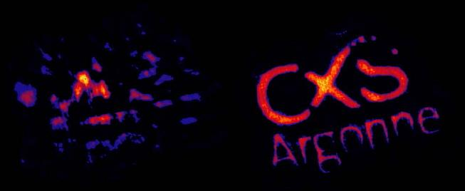 Images of a gold test pattern were reconstructed from coherent diffraction patterns taken with polychromatic x-rays with energies on the order of 1.4 keV, under different assumptions: assuming the x-ray beam consists of a single wavelength (left, and using the new polychromatic diffraction algorithm (right). The test pattern is about 20 microns in size.