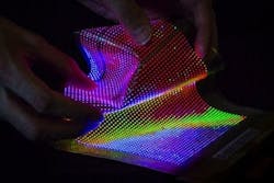 The world&rsquo;s first stretchable and conformable TFT-driven LED display laminated into textiles, developed by Holst Centre, imec, and CSMT.