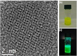 High-resolution transmission microscopy shows cesium lead bromide perovskite nanocrystals (a); photographic images show the nanocrystals in a toluene solution in ambient light (b) and under UV illumination (c). High-resolution transmission microscopy shows cesium lead bromide perovskite nanocrystals (a); photographic images show the nanocrystals in a toluene solution in ambient light (b) and under UV illumination (c).