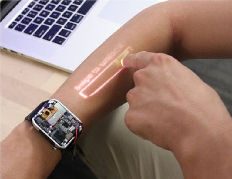 The LumiWatch has a built-in picoprojector that provides touchscreen functionality on the wearer&rsquo;s arm.