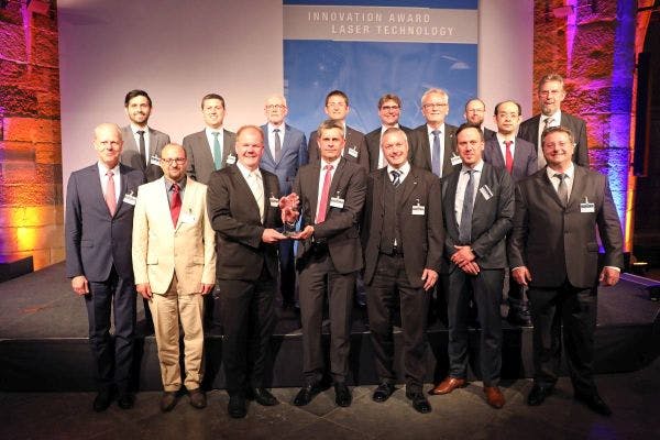 The finalists of the Innovation Award Laser Technology 2018: 1st prize for the team around Axel Luft, Laserline (front, 4.f.l.), 2nd prize for the team around Gerald Jenke, Saueressig (back, right) and 3rd prize for the team around Alejandro B&aacute;rcena, Talens Systems (back, 2.f.l.), presented by. Reinhart Poprawe, Fraunhofer ILT (front, left), Alexander Olowinsky, ELI (back, 4.f.l.) and Ulrich Berners, Arbeitskreis Lasertechnik (front, right).