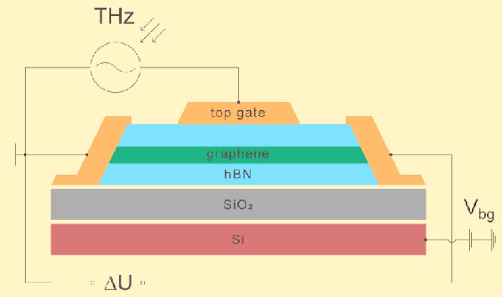 IMAGE:A wiring diagram of a graphene-based terahertz detector shows terahertz radiation striking the antenna connected to the source (left) and gate (top) terminals of a transistor. This generates direct photocurrent (or a constant voltage, depending on the measurement setup) between the left and right terminals, which is a measure of radiation intensity.